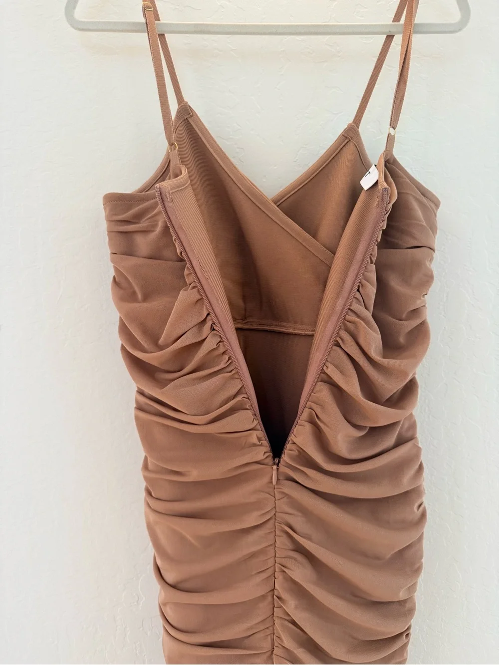 Elliatt Ruched Mesh Pippa Midi Dress in Taupe/Nude